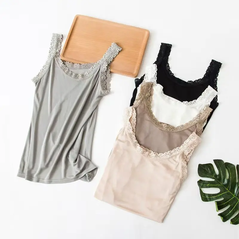 

100% Knit Silk Tank Top Women Summer Lace Basic Camisole Spaghetti Strap Round Neck Vest