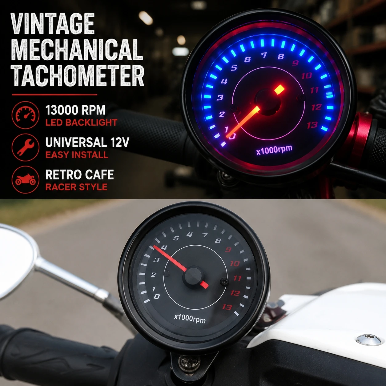 Black Vintage Motorcycle RPM Tachometer Gauge 13K Stainless Steel Shell Analog Tacho Meter Universal Motorbike Accessory