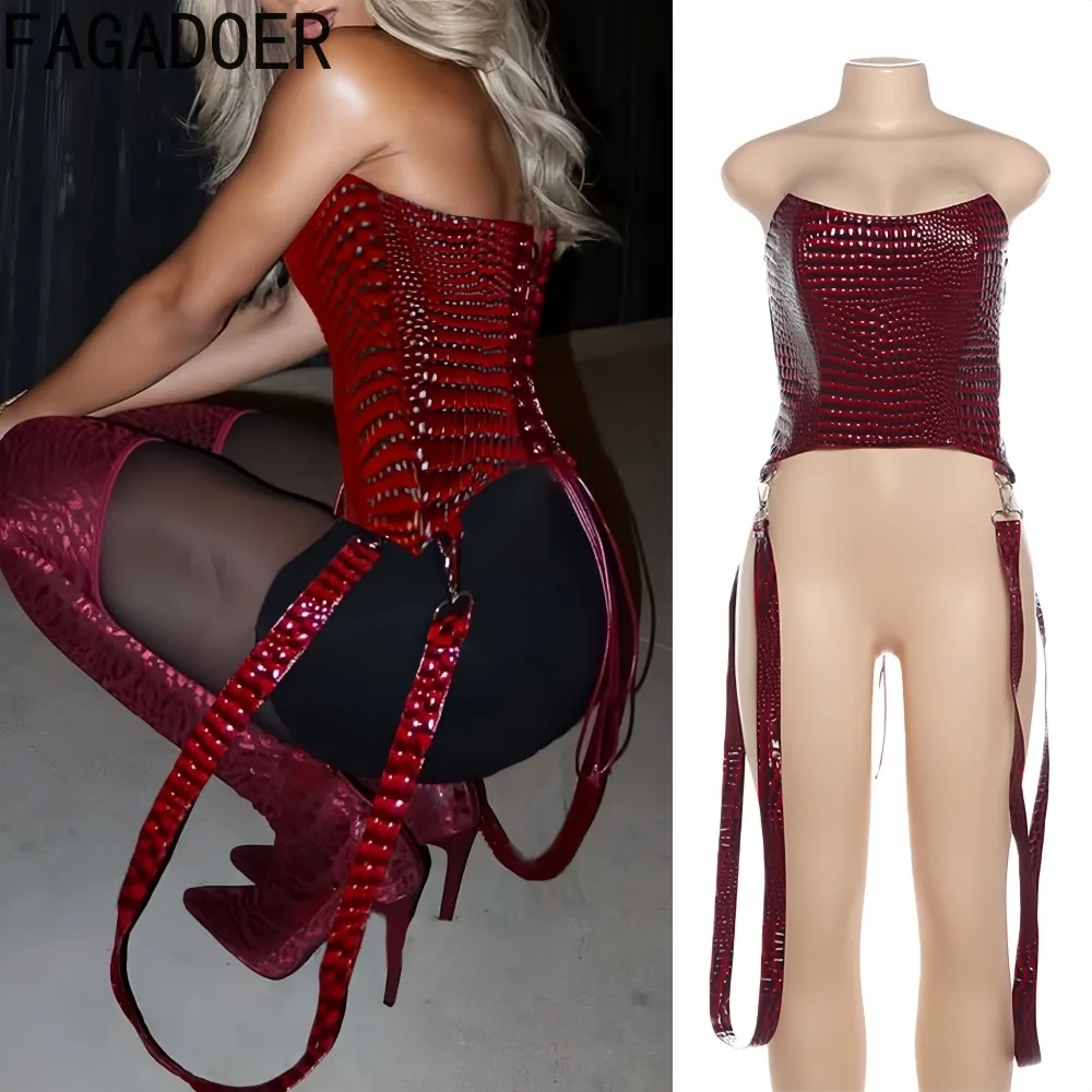 

FAGADOER Sexy Leather Patchwork Bodycon T-shirt for Woman Red Sleeveless Backless Bandage Tshirt Female Streetwear Clothing New