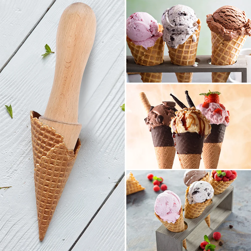 

2Pcs Ice Cream Cone Molds Ergonomic Handle Wood Reusable Rollers for Household Bakery Shops Dessert Holders Cone Roller