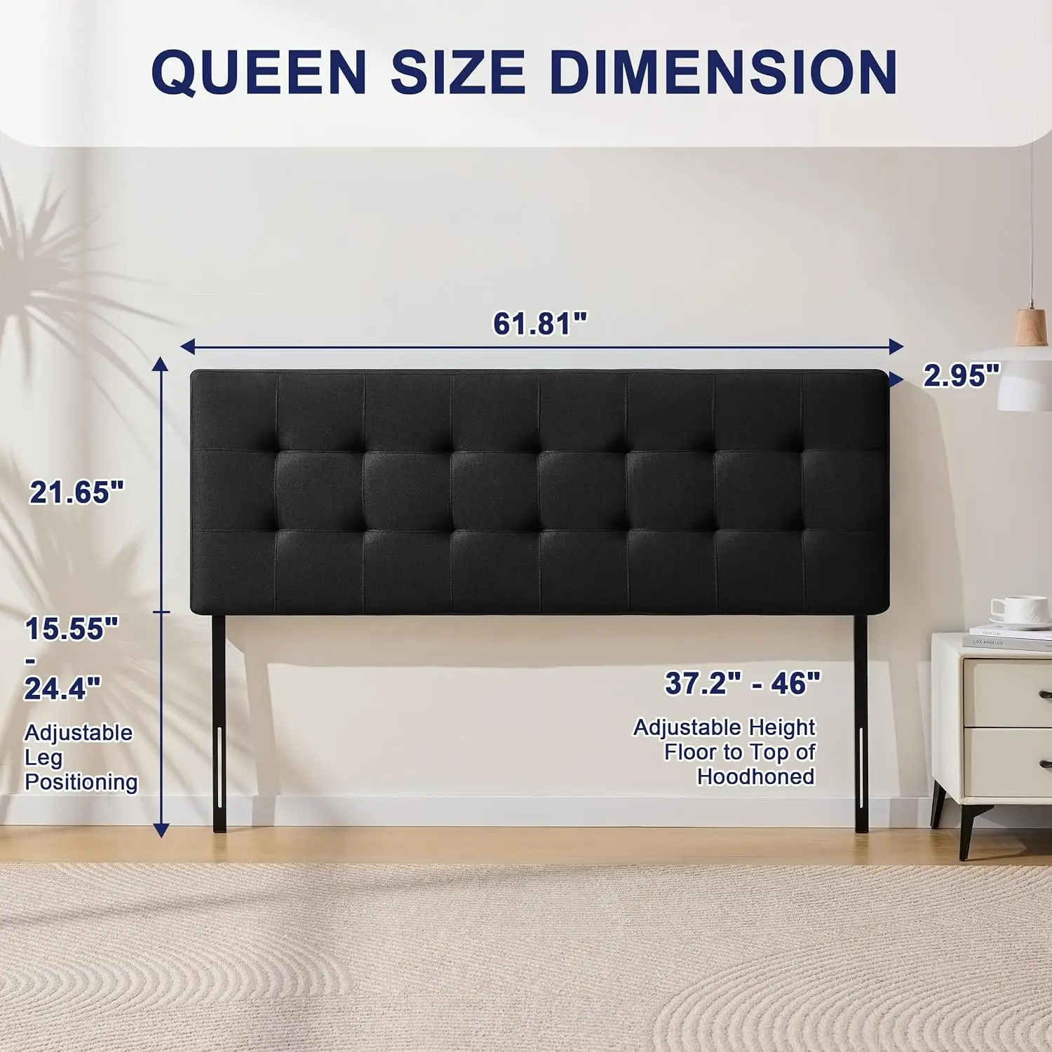 Linen Stitched Tufted Queen Headboard, Adjustable Height 37.2-46 in, Black