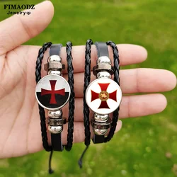 Hot Knights Templar Cross Bracelet for Men Unisex Masonic Symbol Glass Custom Pattern Woven Leather Bracelets Bangle