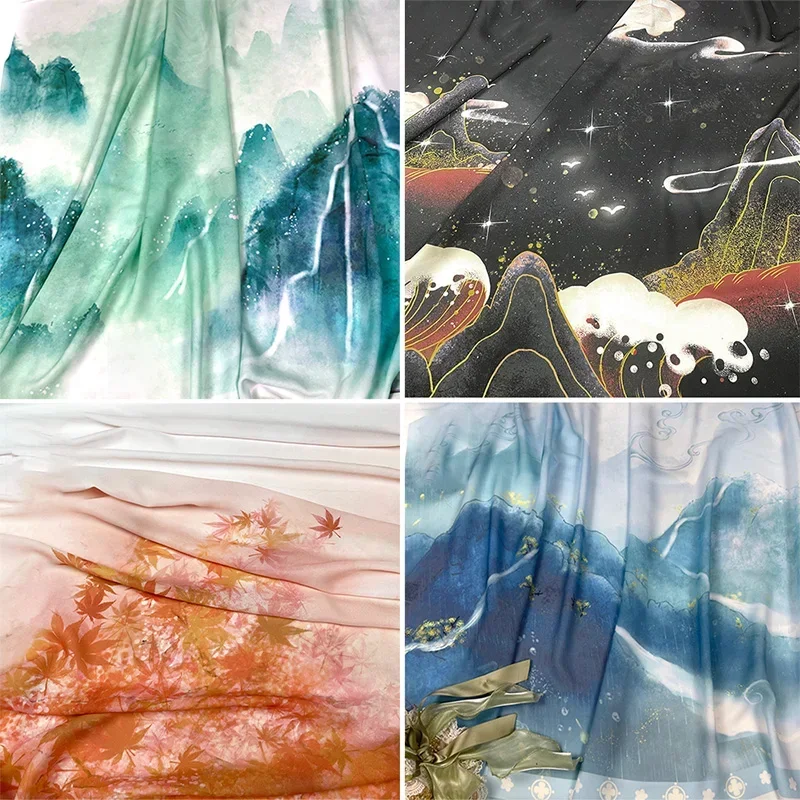 Ancient Style Landscape Printed Chiffon Fabric Hanfu Dress Horse Face Skirt DIY Sewing Cloth Translucent Chinese Costumes Fabric