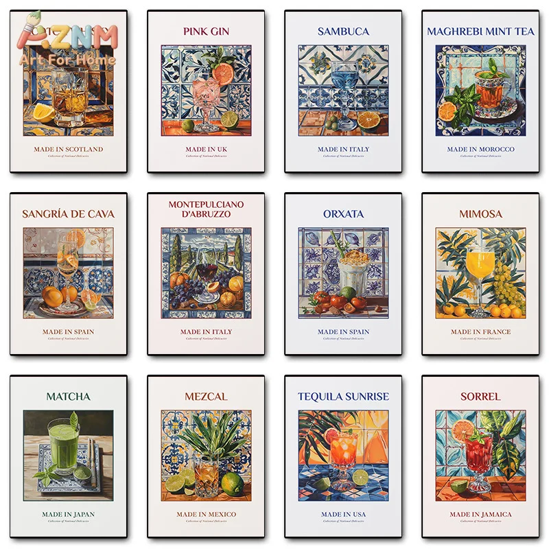 AZNM Vintage Global Drink Canvas Wall Art Mediterranean Tile Cocktail Beverage Print Bar Kitchen Retro Home Decor Unframed