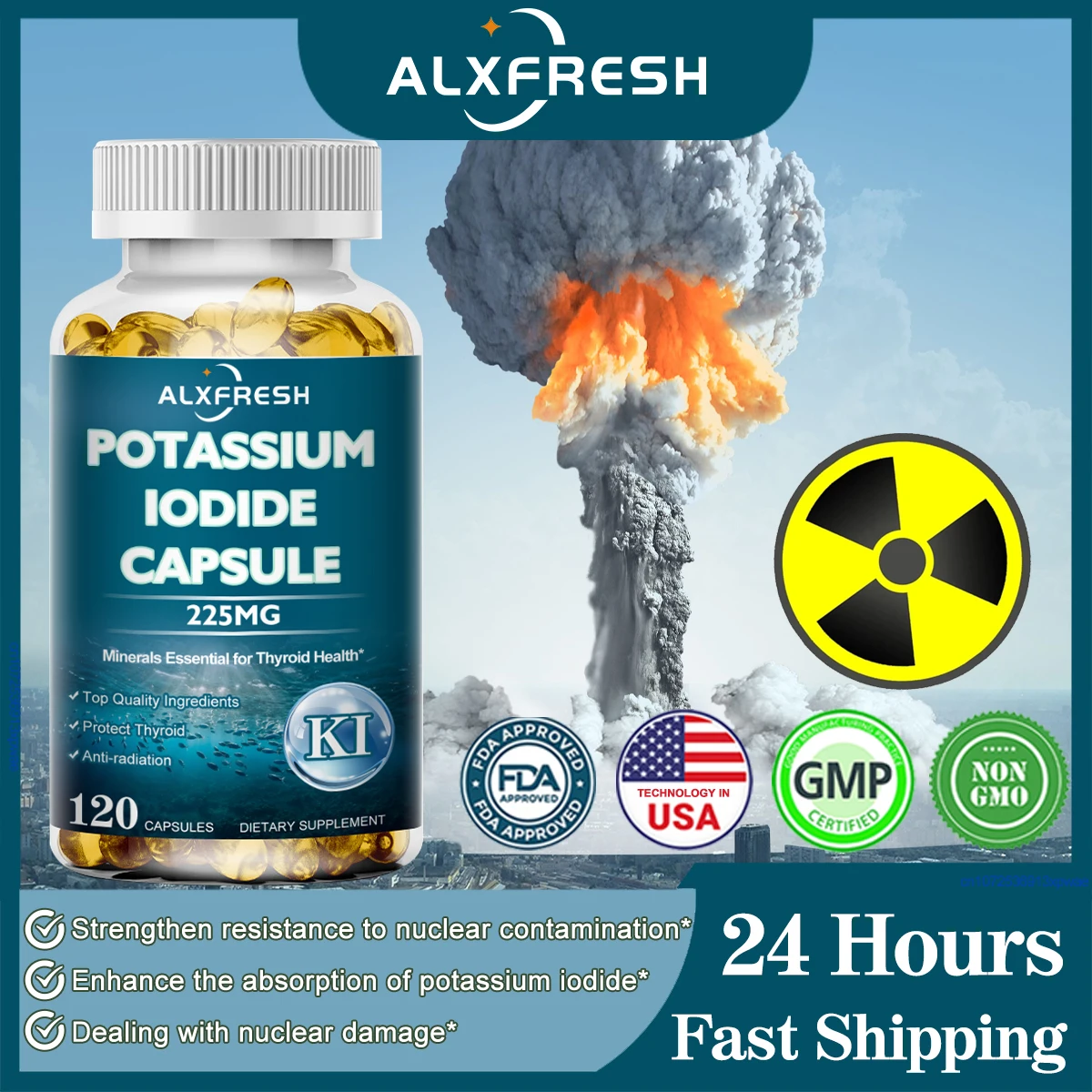 

Potassium Iodide Capsules 225 mg - Pure Potassium Iodide Tablets for Radiation Exposure for Kids & Adults