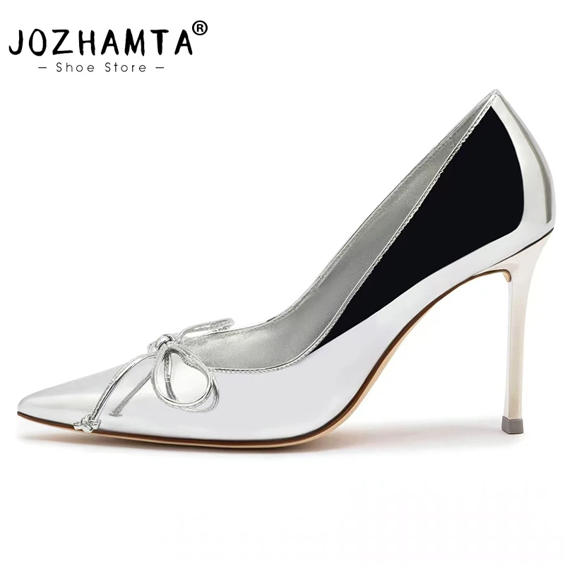 JOZHAMTA Women Sexy Pumps Patent Leather Ins Thin High Heels Shoes Cute Bow Slip On Elegant Office Lady Party Dress Size 34-43