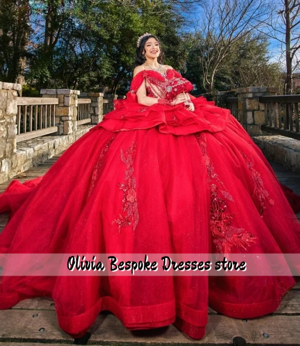 

Pretty Red Puff Sleeves 15 Years Quinceanera Dresses Beaded Lace Appliques Ball Gown vestidos de xv años Customized