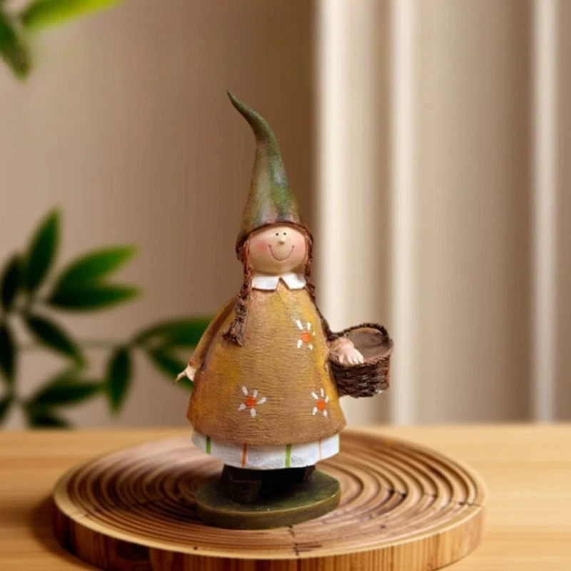 

Oil Painting Style Forest Girl Resin Figurine - Whimsical Pointed Hat Fairy with Flower Basket, Cottagecore Home Decor, Unique
