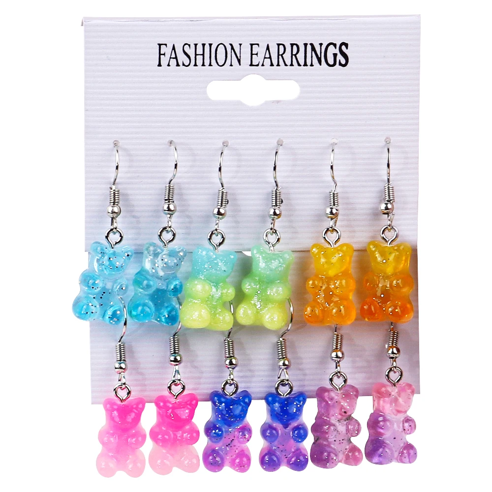 3 Pairs/Set Candy Color Acrylic Gummy Bear Drop Earrings for Women Korean Transparent Resin Jelly Bears Earring Sets Y2k Jewelry