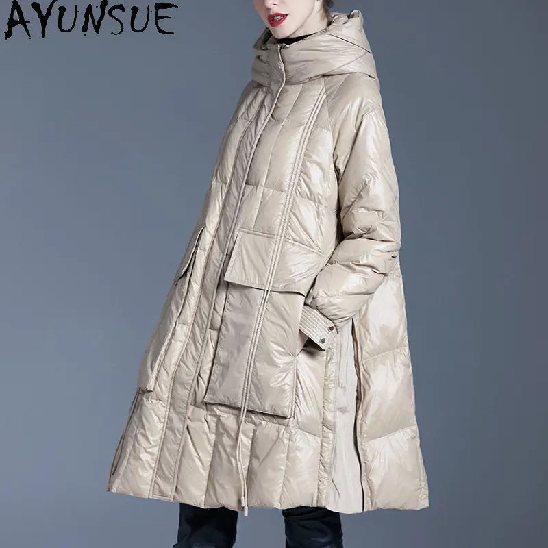 

AYUNSUE Warm Puffer Jacket Women Hooded Long Down Coat A-line Fashion Down Jackets for Women Thick Clothes Doudoune Femme SGG