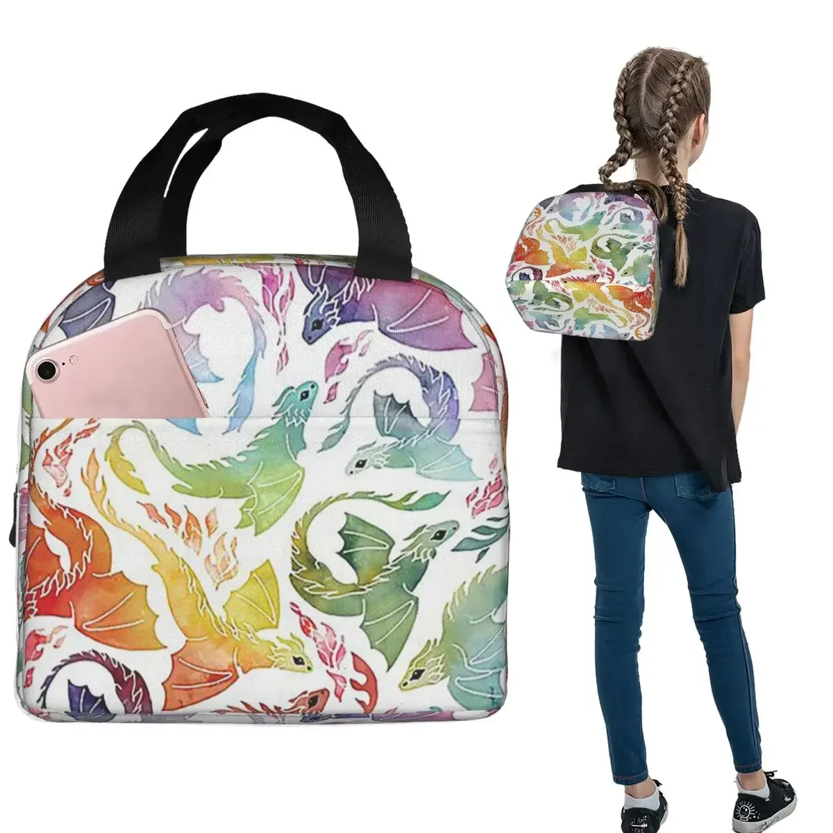 Dragon Fire Rainbow Insulated Lunch Bag for Women Children Portable Food Boxes Thermal Lunch Box Tote