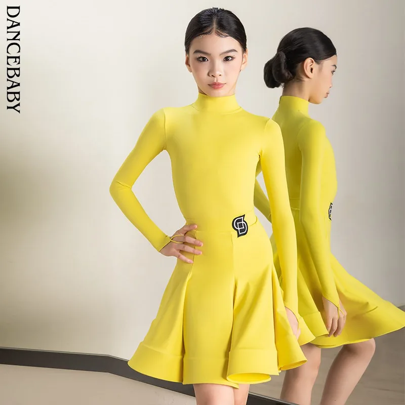 customized Latin dancewear regulation long sleeved children's competition high neck exam chacha cowboy samba dance dress DAS776