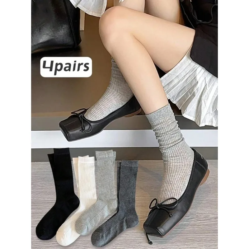 4 Pairs Women Solid Color Striped calf Socks Fashion Korean Version Simple Spring Summer Breathable Comfortable Stacking Socks