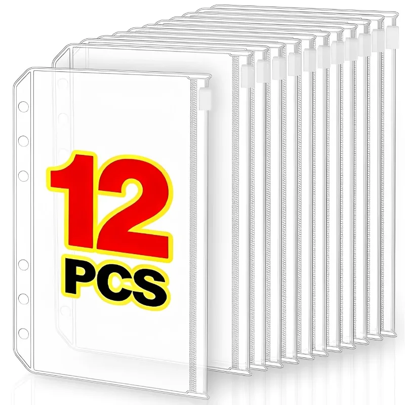 2-12 pochettes transparentes A6 à 6 trous pour classeur, organiseur étanche en PVC, enveloppes de budget, pochettes zippées pour carnet et agenda