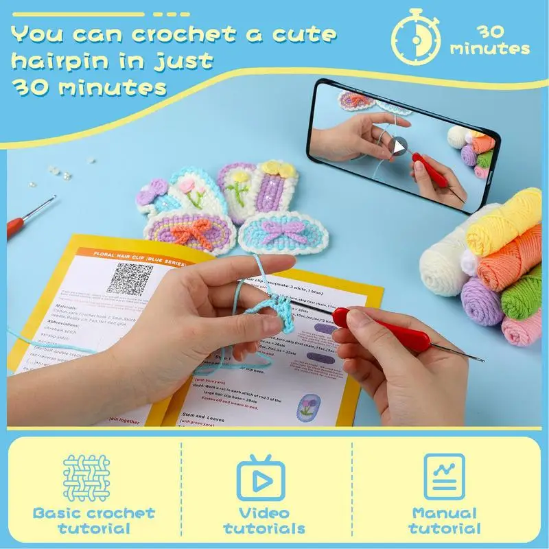 

Crochet Hair Clip Kit Easy Crochet Kit For Kids Crochet Kit For Beginners With Step-by-Step Video Tutorials Starter Hairpin