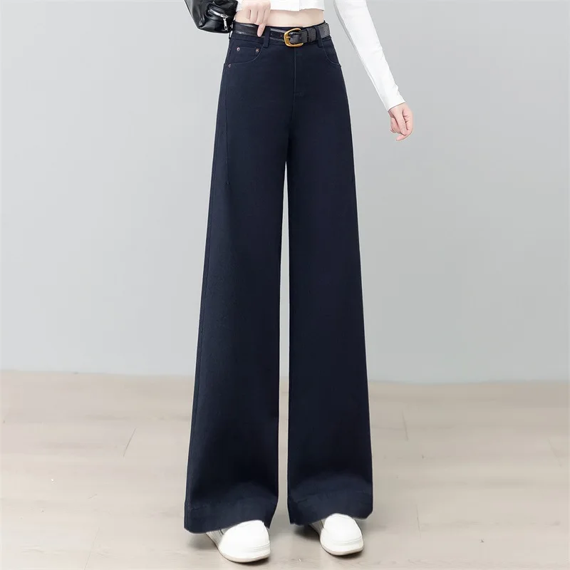 

Элегантные утягивающие широкие джинсы, осенние новые модные свободные брюки с высокой талией, универсальные драпированные брюки длиной до пола