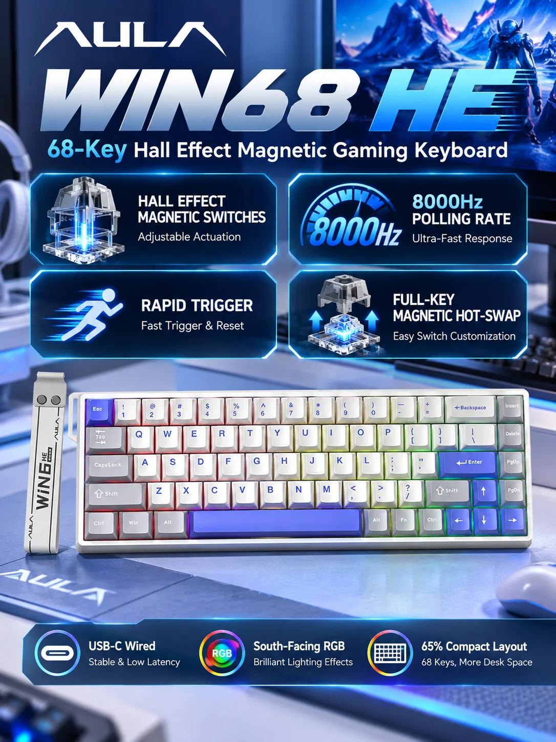 AULA WIN68 HE Magnetic Gaming Keyboard 68 Keys Hall Effect 8000Hz RGB Wired Rapid Trigger Hot Swappable