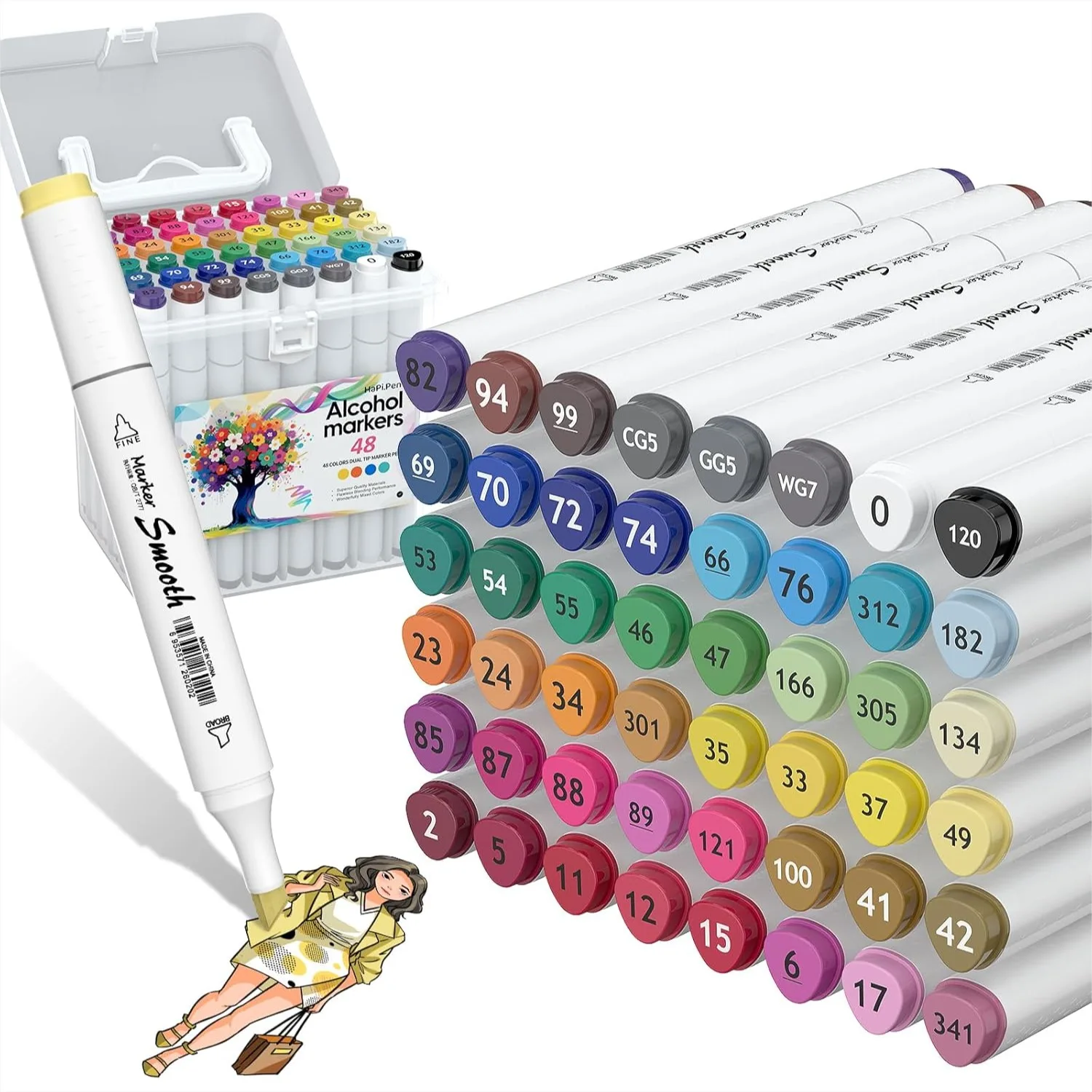 

48 Colors Alcohol Dual Tip Markers For Adult Coloring Books Drawing Sketching Painting Supplies With Carrying Case