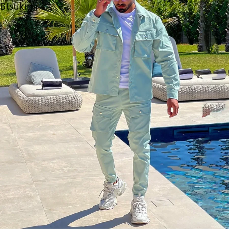 New Style Trend Men\'s Clothing Solid Casual 2 Pieces Men Long Sleeve Jacket+Leggings Pants Sets Fashion Streetwear Man Tracksuit