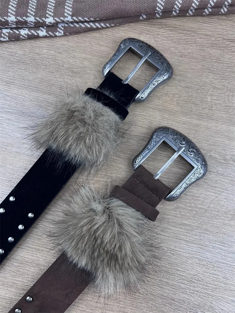 Women's Vintage Faux Fur Suede PU Leather Corset Female Cummerbund Coat Waistband Dress Decration Wide Belt J1779