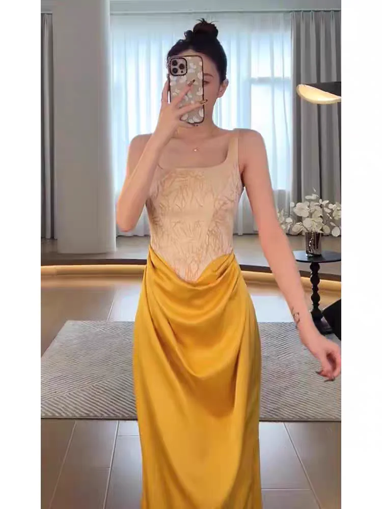 

New Chinese Sle Strap Satin Patchwork Color Morning Robe Slimming Birthday Wedding Bride Ceremony Evening Gown Dr