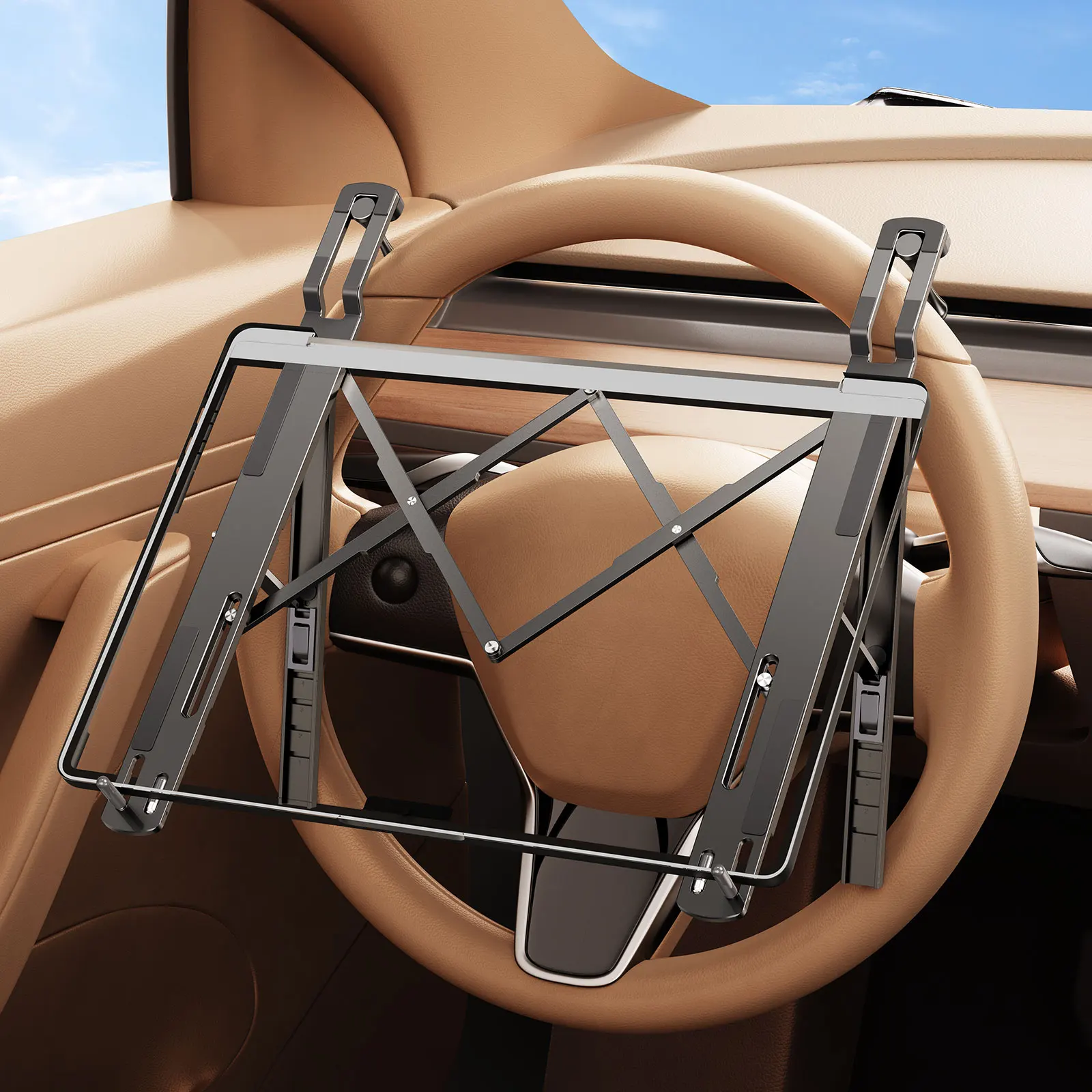 Hipacool Metal Car Steering Wheel Laptop Stand Portable 5-Levels Adjustable Laptop Tablet Holder Aluminum Alloy Car Accessories