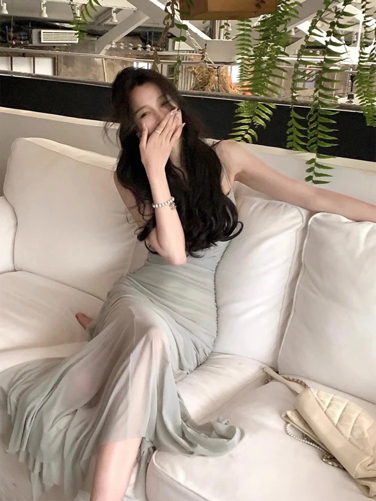 

Женское плиссированное сетчатое платье с бретелями, фатиновое, с высокой талией, на молнии, длинная юбка для дня рождения