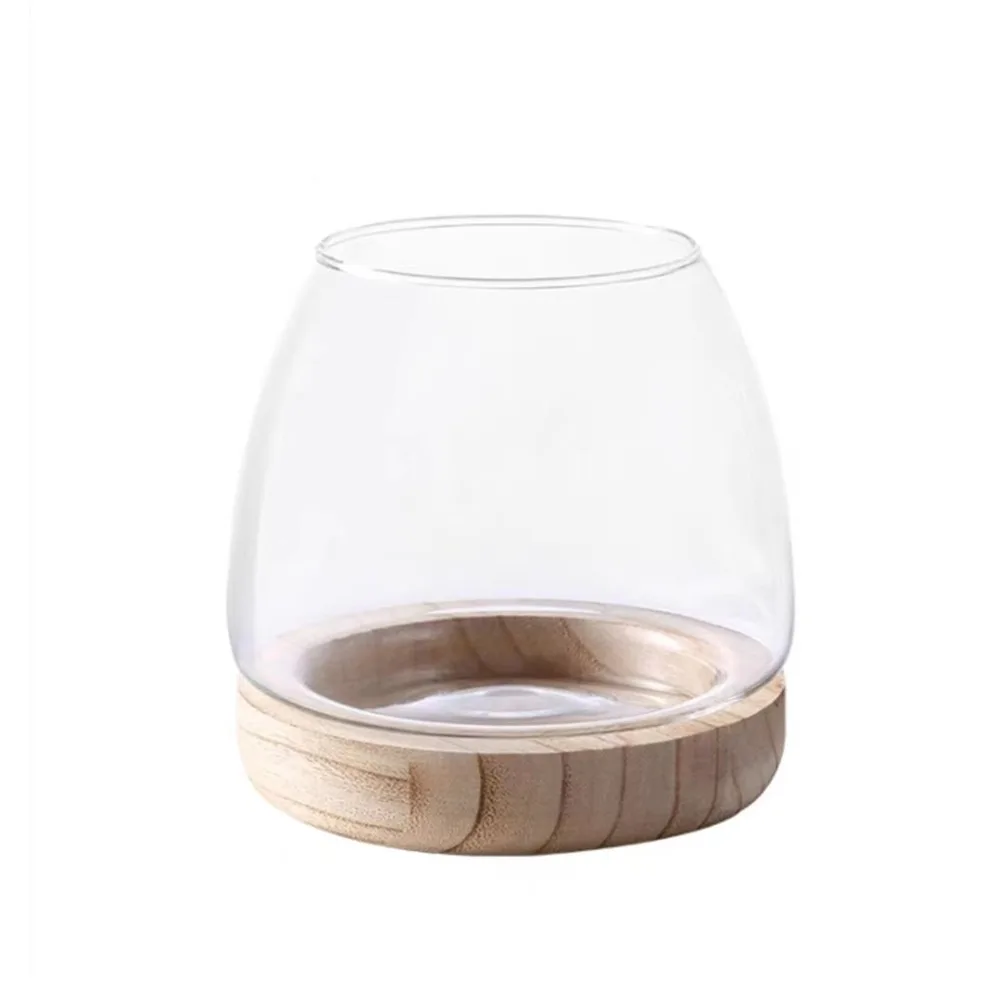 

Round Circular Wooden Bucket Tank Decorative with Wood Base Ecological Fish Tank Simple Glass Planter Hydroponic Vase Desk Decor