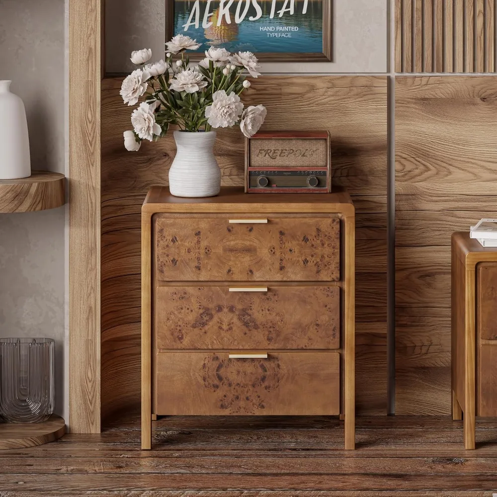 

Farmhouse Nightstand with 3 Drawer, Distressed Wood Rustic Accent Dresser, Burl Finish Bedside Table for Bedroom, Entryway, Ful