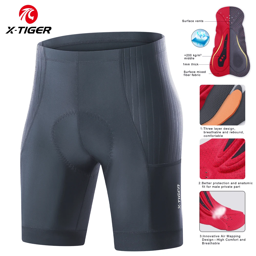 X-TIGER Men\'s Cycling Shorts High Density Foam Cushion MTB Road Long Distance Riding Shorts Pro Cycling Shorts 5 CM Leg Gripper