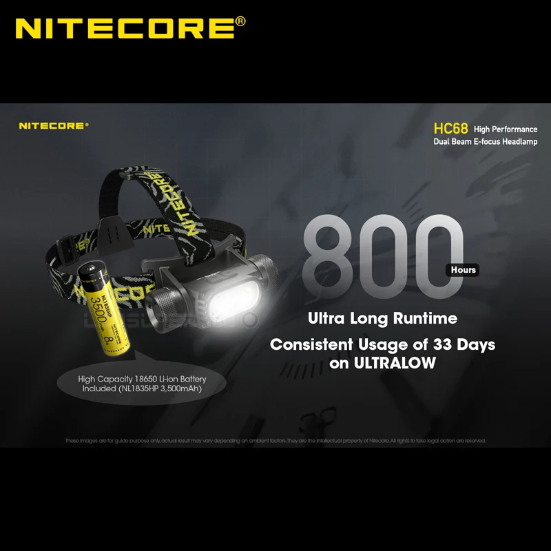 Hunting Light Nitecore HC68 2000 Lumens Dual Beam Rechargeable Focusable Headlamp with 3500mAh Battery