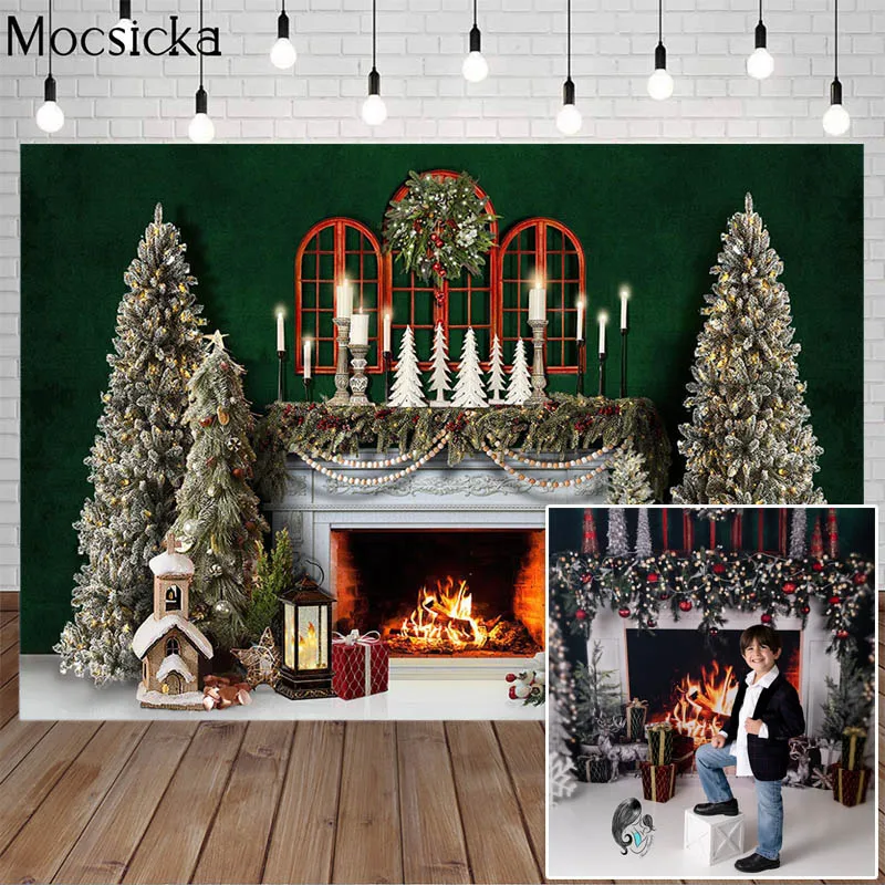 คริสต์มาสห้องฉากหลังสำหรับถ่ายภาพ Hearth คริสต์มาสต้นไม้สีเขียวหน้าต่างเด็กครอบครัวภาพพื้นหลังแบนเนอร์ Studio