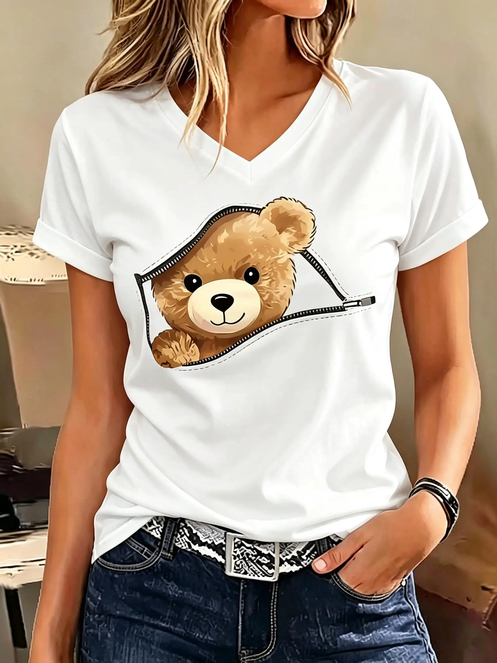 Women V‑Neck Short Sleeve T‑Shirt Cute Animal Zipper Pocket Illusion Print Funny Casual Daily Tee Top
