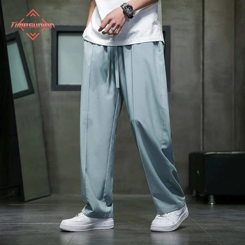 

New Summer Casual Pants Man Breathable Polyester Korean Fashion Semi-Wide Banded Waist Slacks Straight Loose Drape Trousers