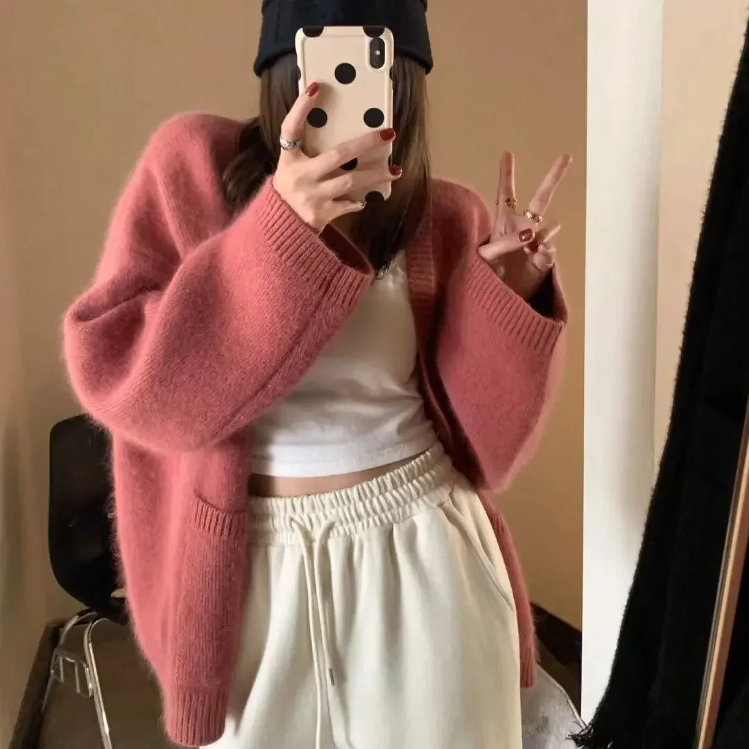 Cardigan V-neck Knit Tops for Woman Winter Button Women\'s Sweater Pink Long Sleeve Korean Luxury Y2k Fashion Korea Cold 2024