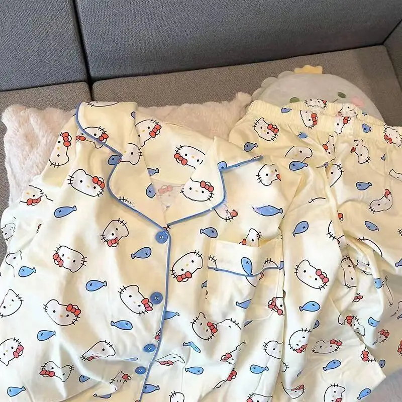 Sanrios مرحبا كيتي طويلة الأكمام منامة 2 قطعة Kawaii طباعة كاملة الكرتون نمط الخريف الطفل السراويل لطيف فتاة لينة ملابس المنزل