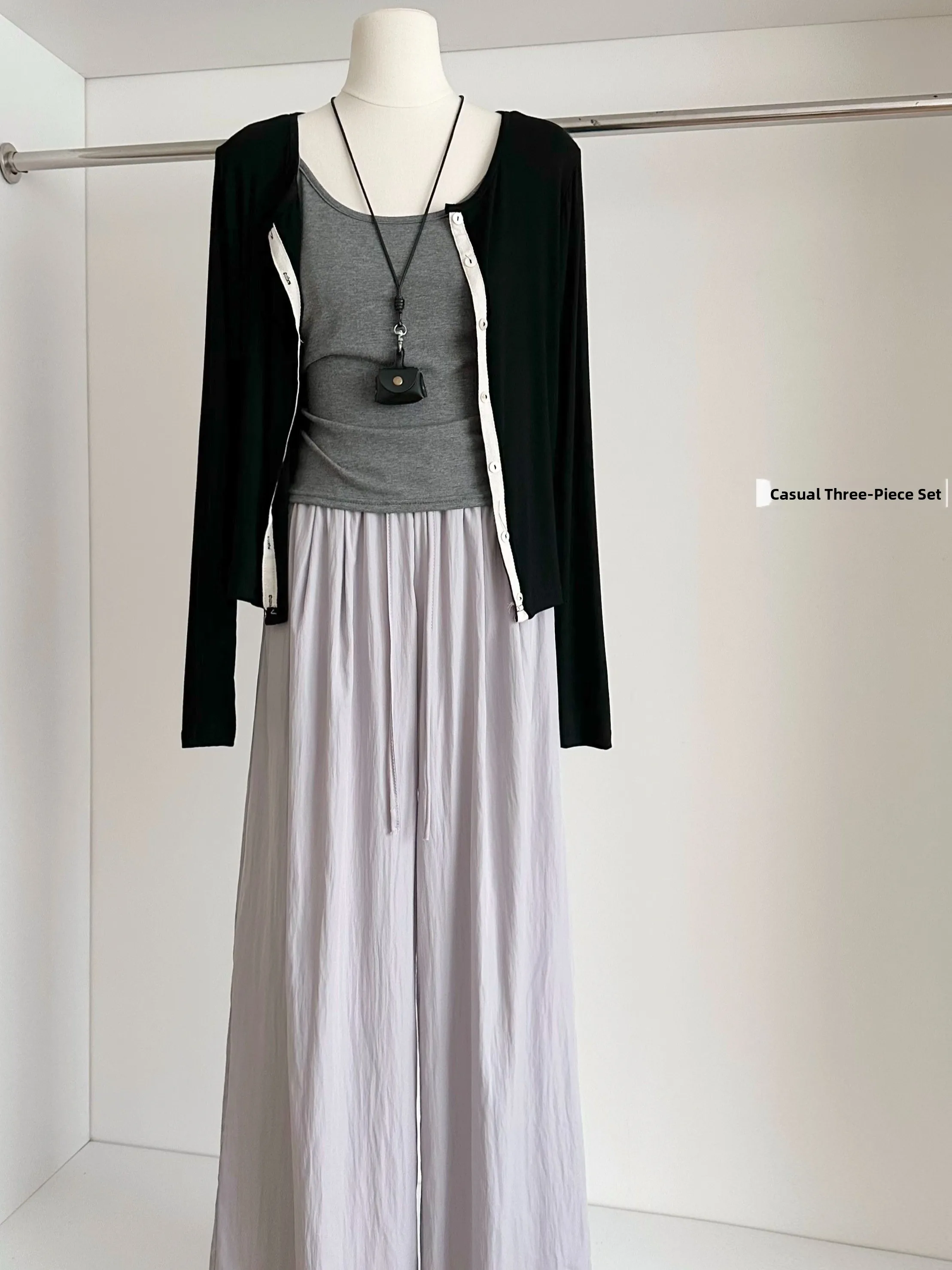 

Свободный крой, длинный кардиган све, верхняя одежда, широкие брюки с высокой талией, комплект из футболки, корейский повседневный утягивающий базовый топ на бретелях