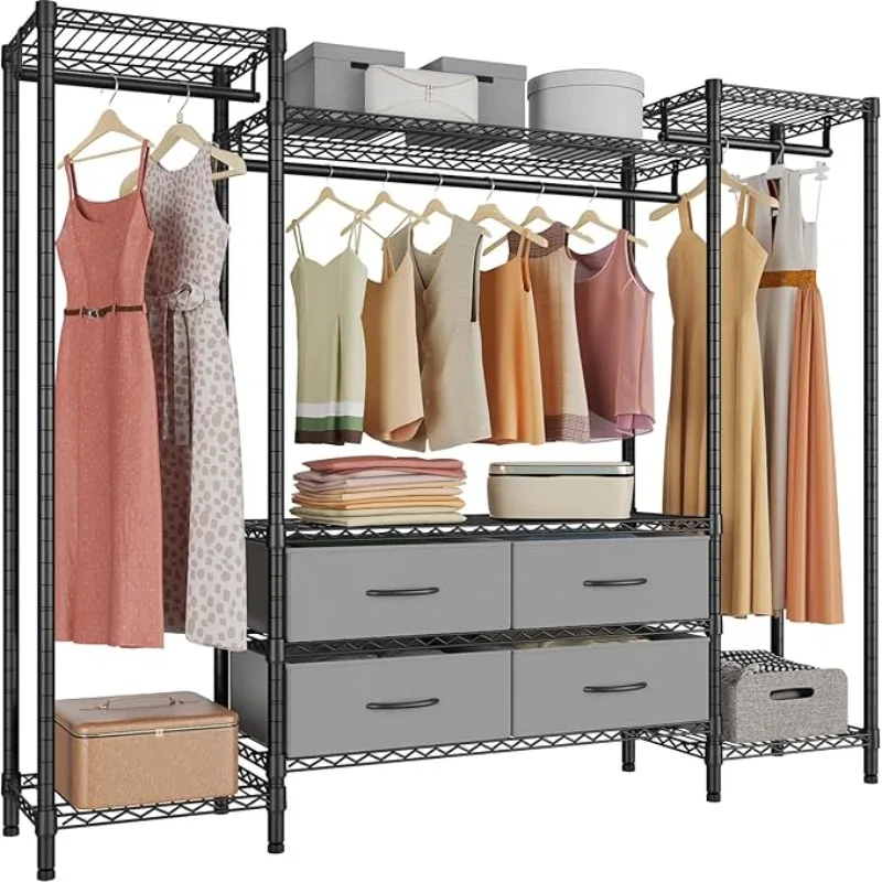 Wire Garment Rack Heavy Duty Clothes Rack, Metal Clothing Rack with 6 Shelves, 3 Hang Rods & 4 Fabric Drawers, Closet Wardrobe