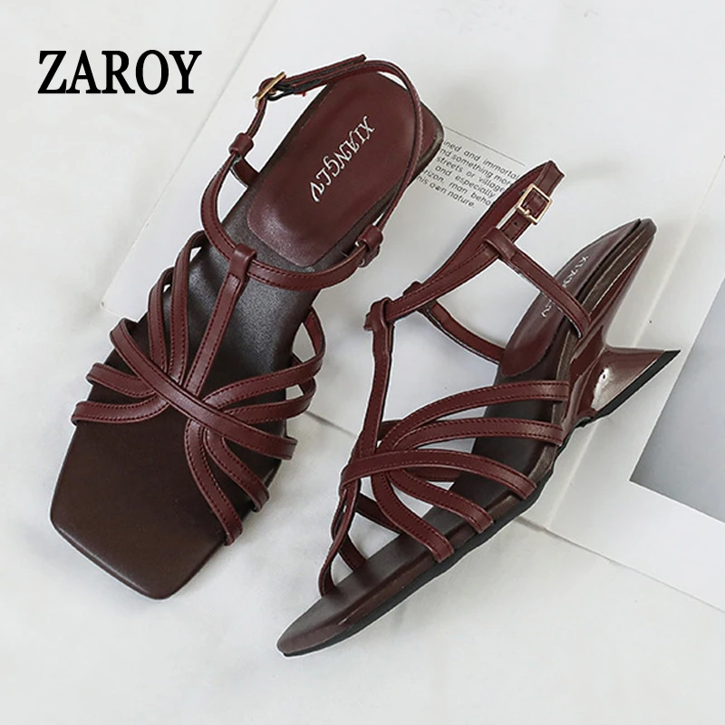 

ZAROY Brand Designer Women Sandals Heels Summer Square Open Toe T-tied Cross Strap Ankle Buckle Hollow Roman Sandals Party Shoes