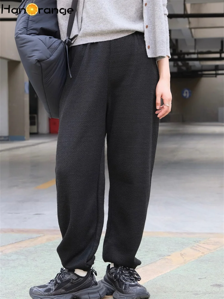 

HanOrange 2024 Autumn Winter Retro Coarse Needle Imitation Knitted Pants Women Loose Ankle Binding Pants Black/Coffee