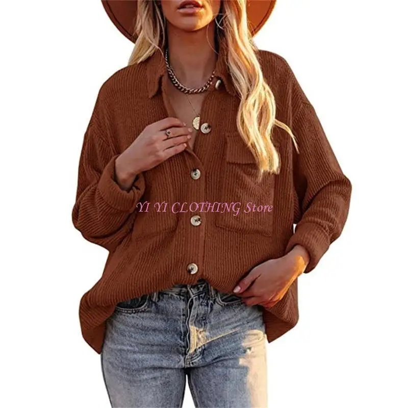 

N5KF Women's Corduroy Shirt, Long Sleeve, Button-Down, Casual, Loose-Fitting, Stylish Top/Coat
