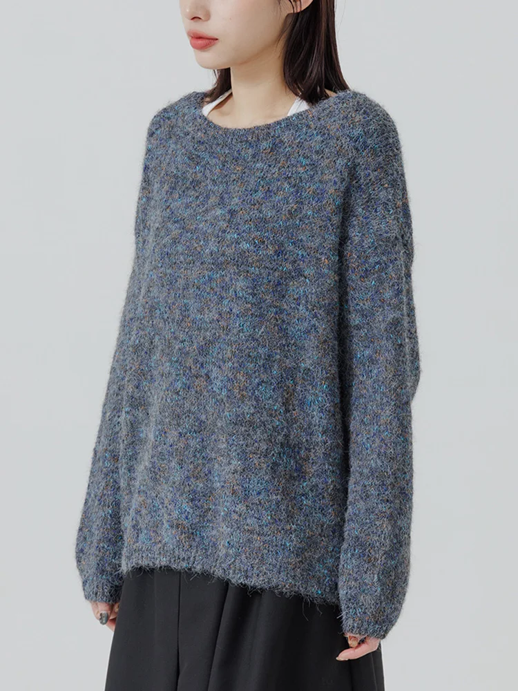 

Новый осенне-зимний вязаный свитер Queenop с цветочным узором, шелковый, свободного кроя, с круглым вырезом, повседневный, комфортный, средней толщины, с длинными рукавами