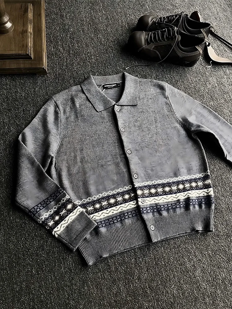 

American Retro Men's Fair Isle Knitwear Autumn High-End Loose Fit Collar Jaet Softened Texture Long Sve Cleanfit Sle