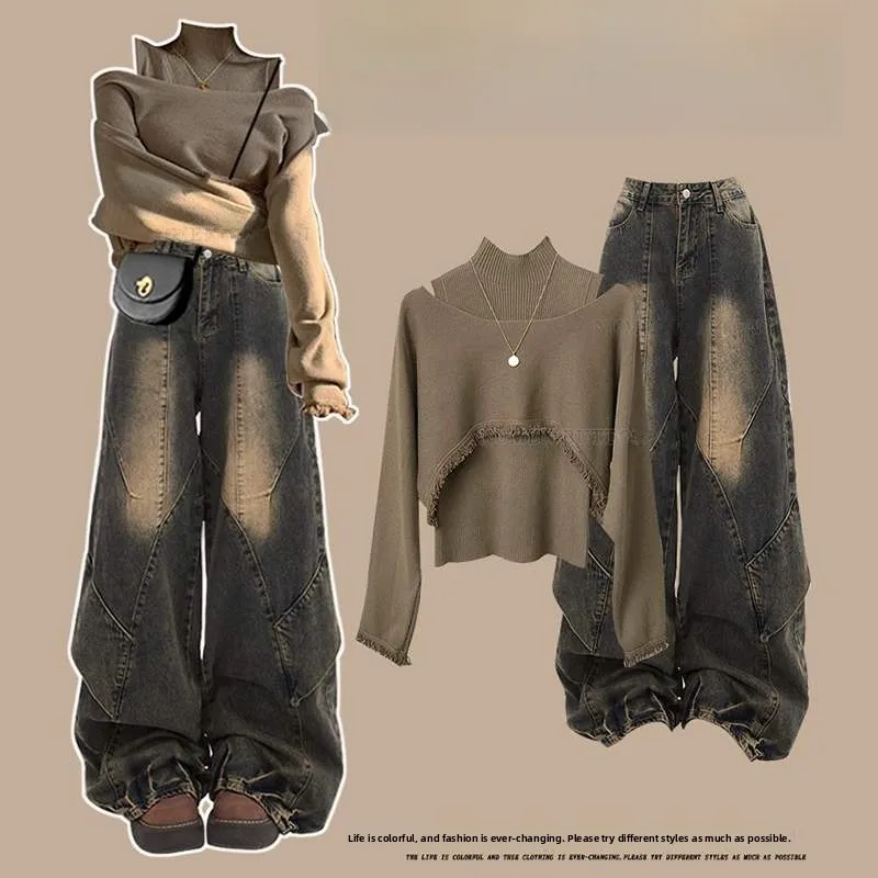 

Женский джинсовый вязаный жилет больших размеров, свободные утягивающие широкие брюки, комплект футболок, осень 2024, ансамбль Faion