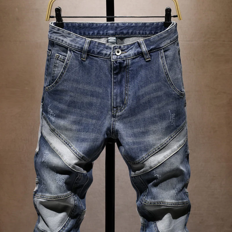 Jeans Pria Fashion Desainer Jalanan Jeans Robek Sambungan Slim Fit Biru Dicuci Retro Celana Denim Antik Hip Hop Pria Hombre