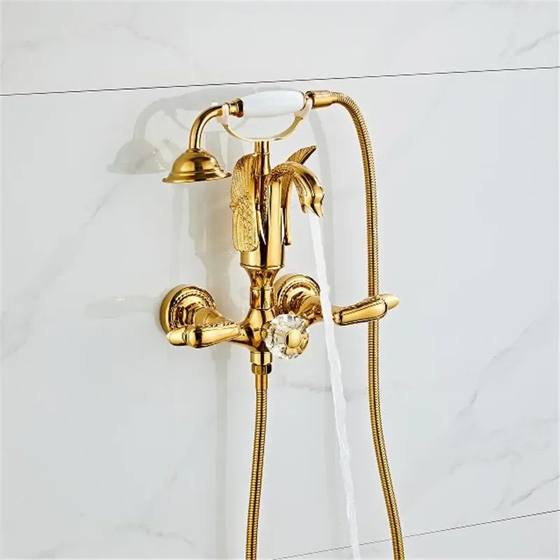 

Gold Bathtub and Shower Faucet Set Wall Mounted Swan , Bathroom Cold and Hot Bath and Mixer Tap