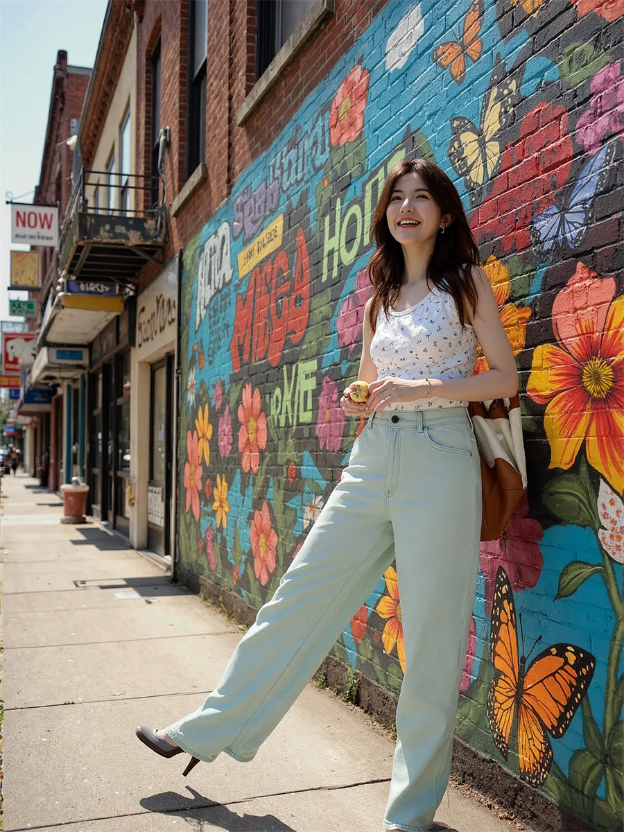 กางเกงยีนส์ขากว้างทรงหลวมสำหรับผู้หญิง แต่งลูกปัดโลหะเต็มด้านข้าง ล้างสีแบบดิบ ทรงสวย ใส่ได้ทุกวัน เหมาะสำหรับคนสูง ผอม ใส่เดินทาง ผ้าฝ้าย ผูกเชือก สีทอง