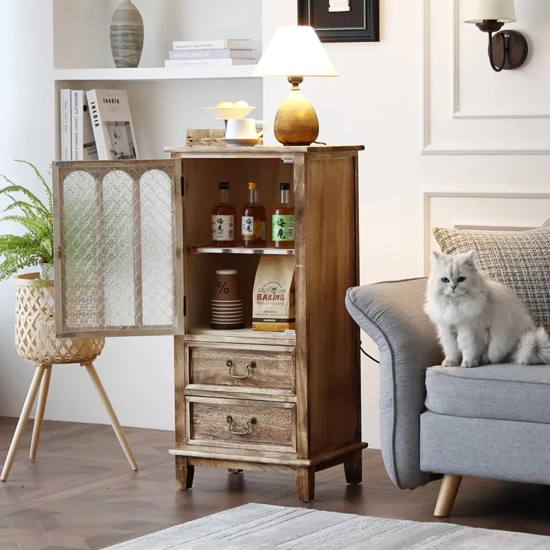 

Solid Wood American Sideboard with Removable Shelf Thick Legs Glass Door Storage Cabinet for Living Room Hallway Rustic Buffet