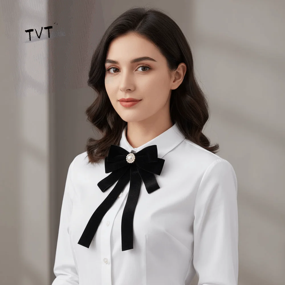 

Luxury Velvet Black Ribbon Pin Rhinestones Pearl Black Bow Necktie Multi-layer Beads Ribbon Badge Brooch Girl