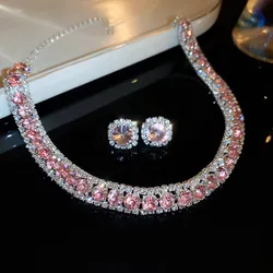 Inlaid Rhinestone Square Zircon Necklace Earring Set for Women Light Luxury Choker Necklace Commuter New Year Red Jewelry Sets